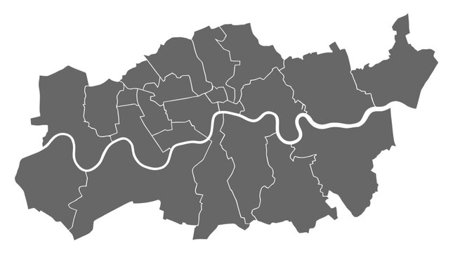 Grayscale London City Map with River Thames and Administrative Borough Outlines - Vector Illustration for Data Visualization, Infographics, and Design