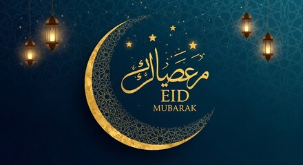 Fototapeta premium A festive Eid Mubarak greeting card with a golden crescent moon and lanterns