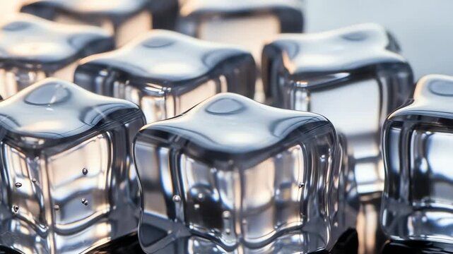 Close-up of crystal-clear ice cubes arranged neatly on a reflective surface, showcasing their texture