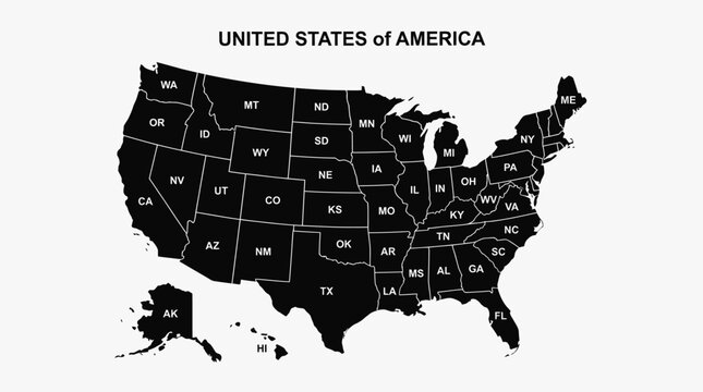 Minimalist Black and White Map of the United States with All 50 States Labeled - USA Political Geography Outline for Education, Travel, and Infographics