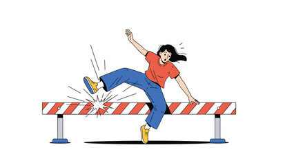 Fototapeta premium Athletic young girl in a red shirt and blue pants accidentally trips while attempting to jump over a striped hurdle during a track and field event.