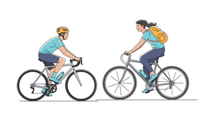 Fototapeta premium Side by side view of a man on a road bike and a woman on a mountain bike, both wearing helmets and athletic gear for a long-distance cycling trip.