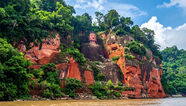 Giant Buddha carving on orange cliffs, surrounded by lush green trees, viewed from river under a bright cloudy sky