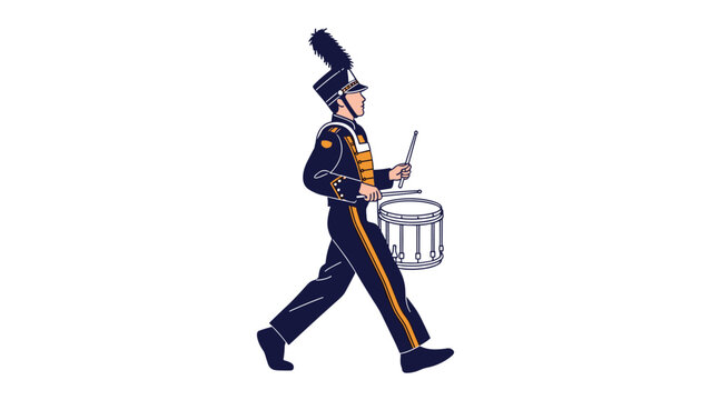 Talented marching band drummer in a formal blue and gold uniform marches while playing a snare drum with precision, isolated on white background.