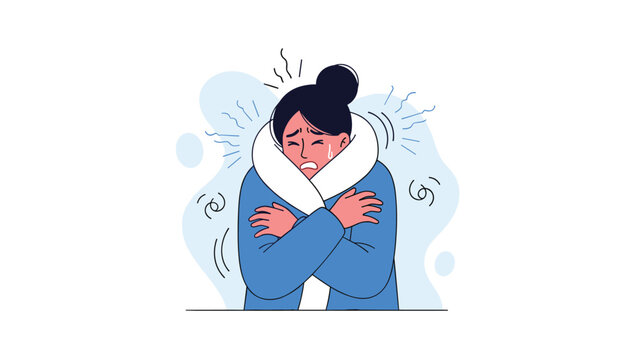 Young woman shivers intensely from the freezing cold while wrapped in a thick blue coat with a white fur collar, showing signs of hypothermia.