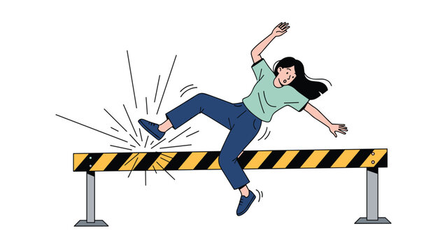 Dynamic illustration of a young girl in athletic wear tripping over a yellow and black striped hurdle during a track and field competition.