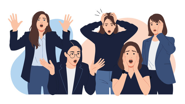 Diverse group of professional women expressing intense shock, surprise, and worry through their facial gestures and body language in an office setting.