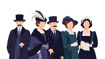 Group of men and women dressed in elegant Victorian era costumes with top hats, long dresses, and formal coats.