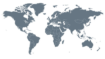 Obraz premium Detailed World Map with All Countries and Political Borders. Global Geography and International Relations Concept. Clean Blue Gray Design on White Background.