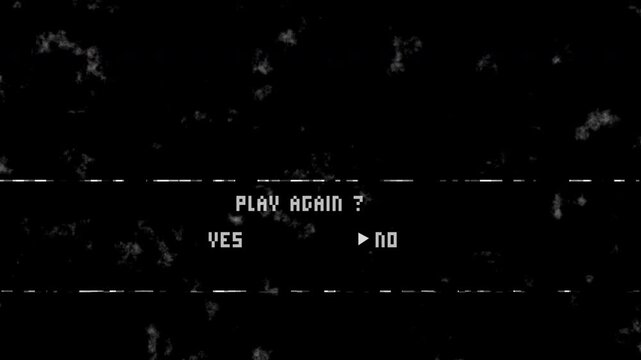 Game Over play again text with abstract grunge black background. 4K Video loop of Game over Screen.
