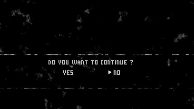 Game Over do you want to continue text with grunge black background. 4K Video loop of Game over Screen.
