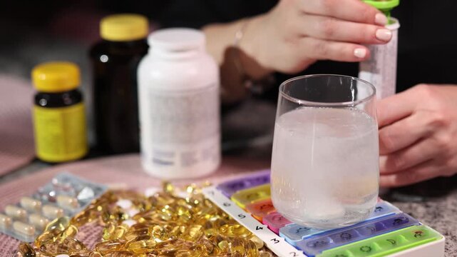 Taking pills at home for flu, cold, depression, pain relief and general health.