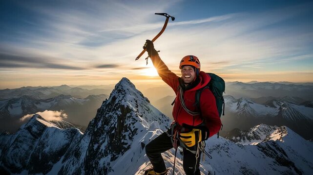 A climber triumphantly raises an ice axe atop a snowy mountain at sunset, showcasing a breathtaking view