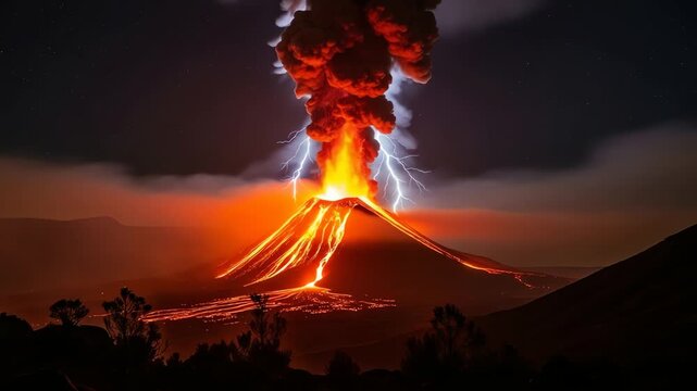 Erupting volcano at night with lightning illuminating the ash cloud and flowing lava