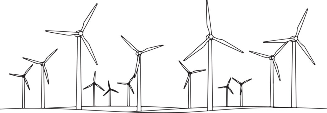 Black silhouette of a windmill farm scene on a white background, minimal outline