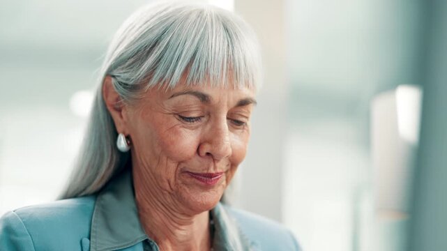 Computer, journalism and smile with business woman in office for editing, news or reporting. Article, pc and proofreading with mature person in creative workplace for management as executive editor