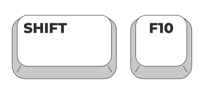 Shift F10 grayscale keyboard hotkey. Context menu. Alternative to right mouse click. Accessibility tool. Minimal shortcut keys. Monochrome combination buttons for productivity. Vector illustration