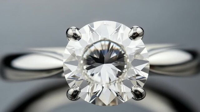 Close-up of a brilliant round diamond engagement ring set against a soft gray background