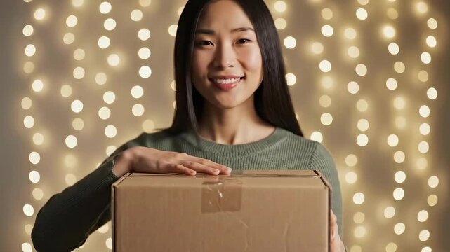 Asian Woman Opening a Cardboard Box with String Lights Background