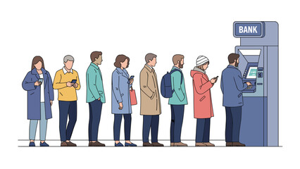 Obraz premium Diverse group of people standing in a long queue waiting for their turn to use an automated teller machine at a bank.