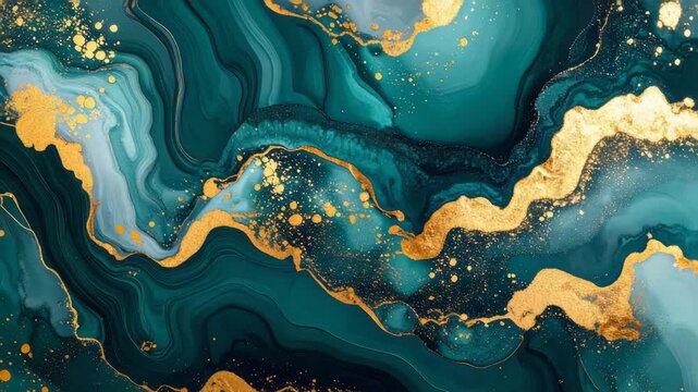 Abstract Teal and Gold Liquid Marble Art with Glitter Effect