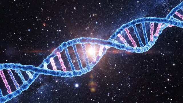 Dna double helix structure in space with stars and a bright light