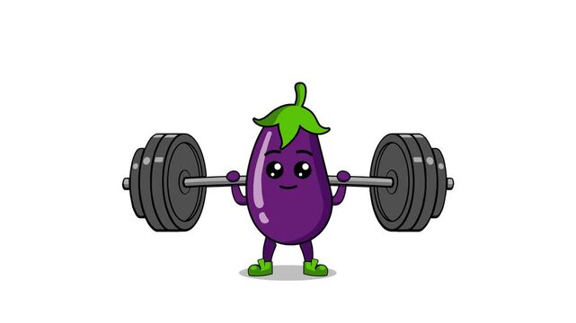 Strong Eggplant Cartoon Animation Lifting Heavy Barbells 