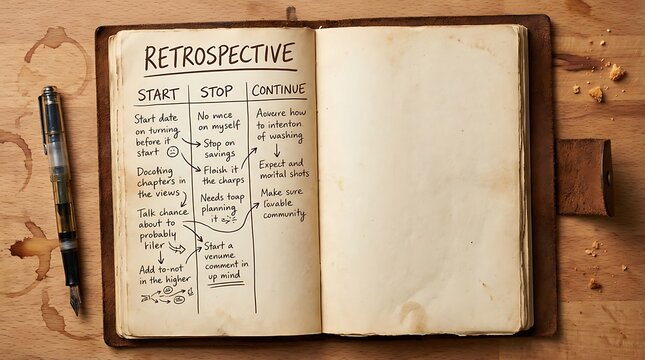 Open notebook with retrospective meeting notes on a wooden table.