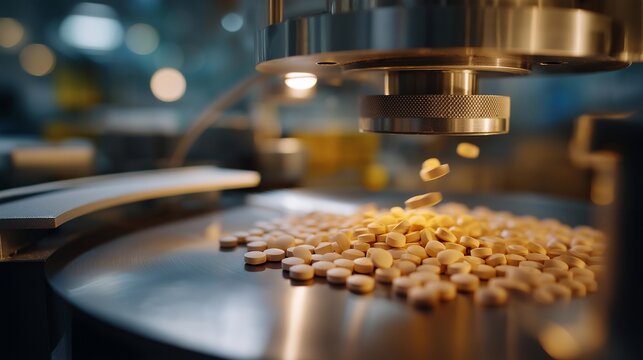 Pharmaceutical tablet coating machine applying precise medication layer to thousands of pills simultaneously, perfect for pharmaceutical manufacturing, drug coating technology, medicine production,