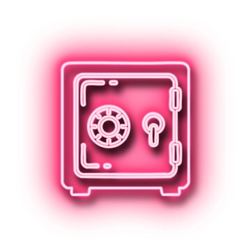 Bright pink neon line art icon representing a secure safe box symbol glowing