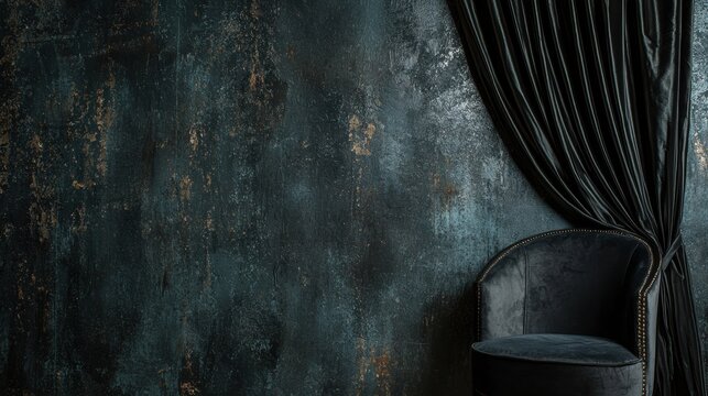 A black velvet armchair sits against a dark green wall, with a black curtain hanging to the right.