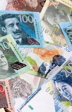 Peruvian sol money bills pile on table. Peru banknotes of PEN currency close up.