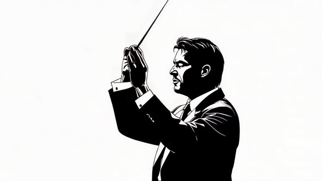 A silhouette of a conductor gracefully leading an orchestra, the baton held high in a moment of artistic expression. The image evokes a sense of control, focus, and the power of music