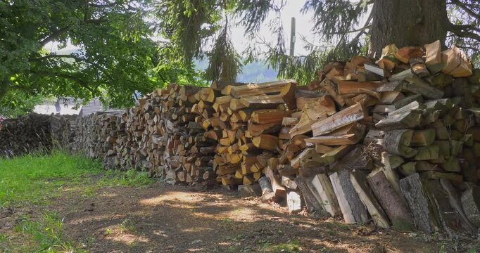 pile of dry firewood logs in spring in the mountains of Styria