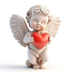 Naklejka premium small angel smiles while holding a red heart. angel has curly hair and wings, standing isolated on white background. setting looks bright and clean