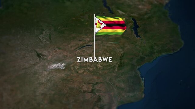 The Flag of Zimbabwe on the World Map, the Zimbabwe flag waving on the 3d map animation 4K