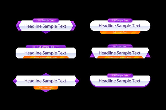 A collection of brightly colored lower third graphics with sample text for video editing and broadcasting