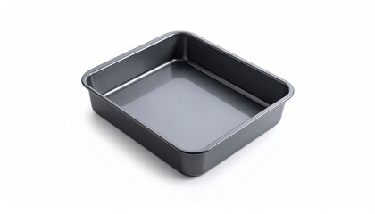 A shiny, dark gray, empty, square baking pan, elevated, against a white backdrop