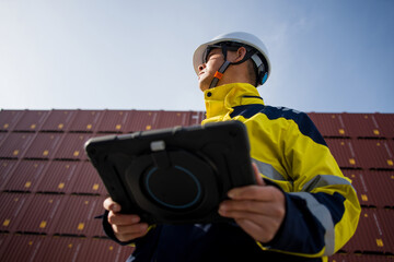Naklejka premium Port worker wearing safety helmet holding tablet for container inspection at shipping yard