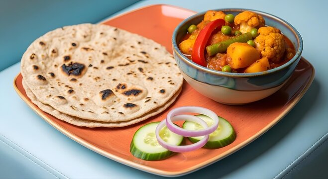 Delicious indian vegetable curry served with roti or chapati and fresh onion and cucumber slices on an orange square plate, closeup view
