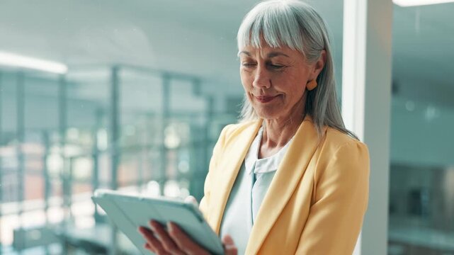 Business, tablet and thinking with journalist woman in office for editing, news or reporting. Article, app and planning with mature person in creative workplace for management as executive editor