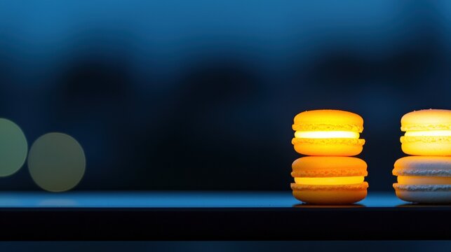 A stack of three illuminated macarons on a dark surface.