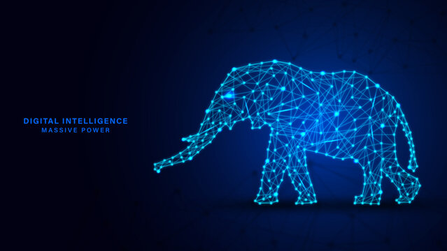 Digital Intelligence Elephant in Blue Network Design, Artificial Intelligence Concept with Polygon Elephant, Futuristic AI Data Network Elephant Background, Glowing Low Poly Elephant Technology Illust