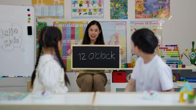 Children Learning to Tell Time with Clock Toys in Classroom