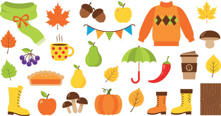 Autumn Fall Elements Collection with Sweater Pumpkin Leaves Boots Umbrella and Cozy Seasonal Cartoon Vector Illustration Set © MdNazmul