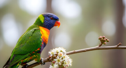 Colorful tropical parrots including rainbow lorikeet and red yellow green macaws sitting on branches in nature © juhitamimi