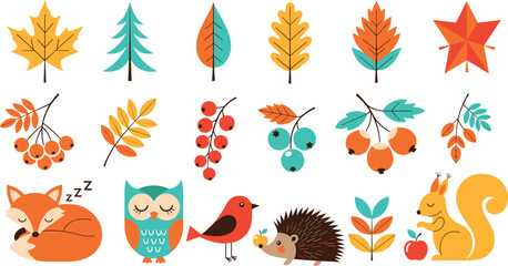 Autumn Nature Elements Collection with Fall Leaves, Forest Animals, Berries and Trees Vector Illustration Set © MdNazmul