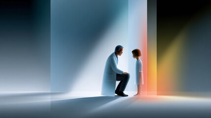 Obraz premium A father and child interacting with a playful holographic pediatrician, colorful and calming atmosphere