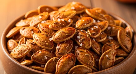 Fototapeta premium Roasted Pumpkin Seeds Spiced For Autumn Snacking In Bowl, Golden Crunchy Pepitas, Seasonal Fall Healthy Snack Or Trail Mix Addition