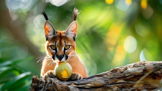 Caracal Kitten Licking Fruit on Tree Branch in Natural Habitat